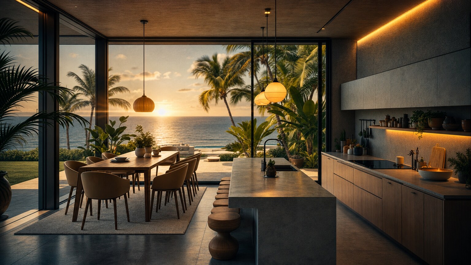 Cozinha e sala de jantar com vista para o mar