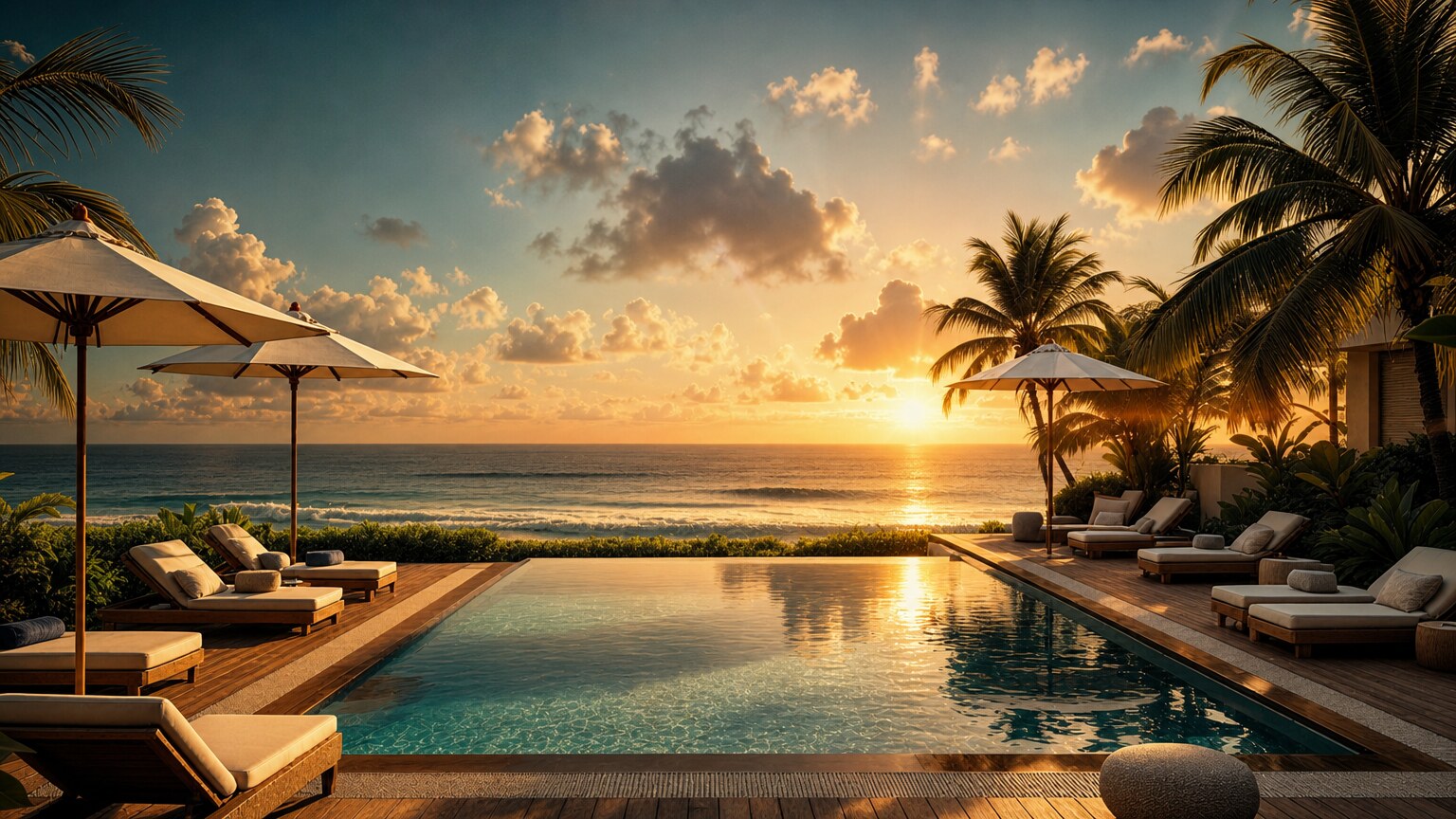 Piscina infinita ao pôr do sol